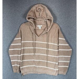Rachel Zoe Sweater Womens Small Tan White Striped Hooded Pullover 100% Polyester